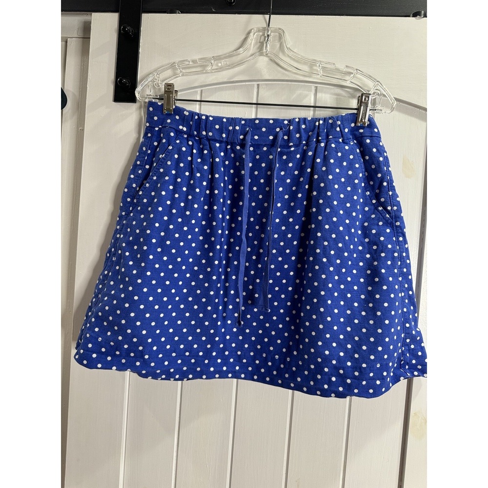J Crew Sky Blue White Polka Dot Linen Skirt 46618 Size 6 Elastic Waist Bow